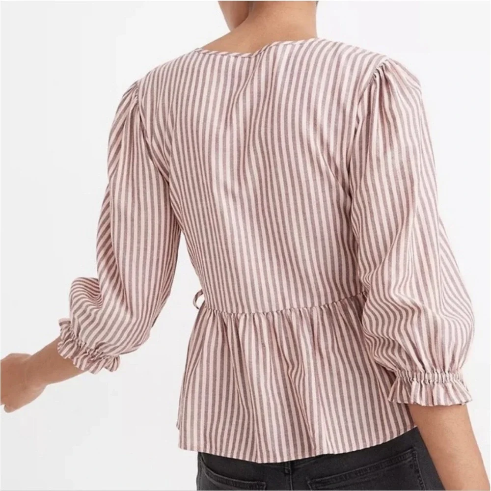 Madewell Wrap Top Striped Peplum‎ Puff Sleeve Blouse Pink Gray Small Feminine